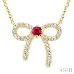 2.40 MM Round Shape Ruby and 1/8 Ctw Bow Round Cut Diamond Fashion Pendant With Chain in 10k Yellow Gold