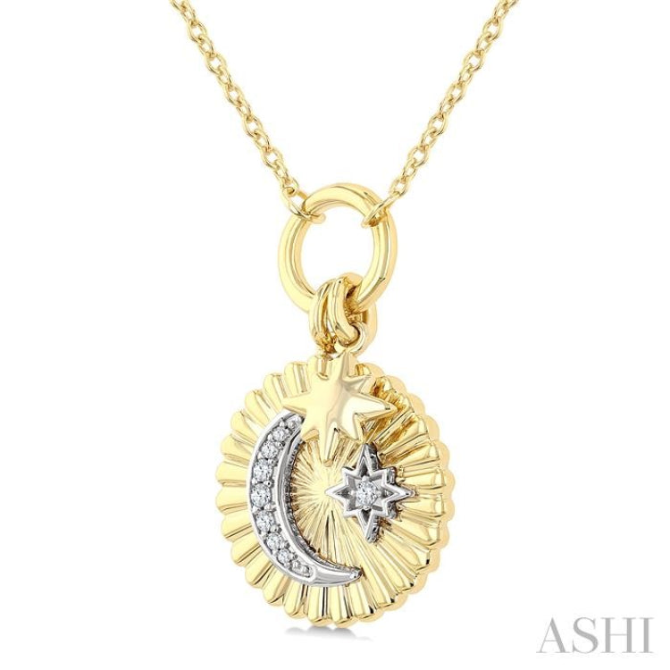 1/20 Ctw Fluted Medallion Crescent Moon & Star Charm Round Cut Diamond Pirouette Fashion Pendant With Chain in 10K Yellow and White Gold