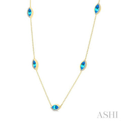 1/4 Ctw 8X4MM Marquise Cut Blue Topaz and Round Cut Diamond Station Necklace in 10K Yellow Gold