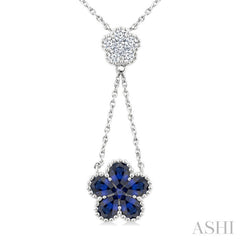 4x3 MM Pear Cut & 1.8 MM Round Sapphire and 1/5 Ctw Round Cut Diamond Floral Blossom Precious Necklace in 14K White Gold
