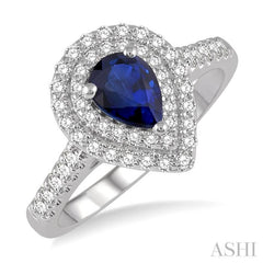 7x5 MM Pear Shape Sapphire and 1/2 Ctw Round Cut Diamond Precious Ring in 14K White Gold