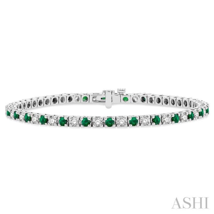 2.5 MM Emerald and 1 1/2 Ctw Round Cut Diamond Square Box Link Precious Tennis Bracelet in 14K White Gold