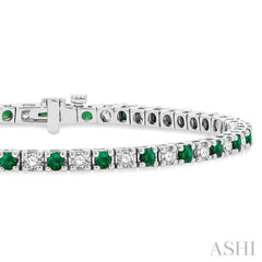 2.5 MM Emerald and 1 1/2 Ctw Round Cut Diamond Square Box Link Precious Tennis Bracelet in 14K White Gold