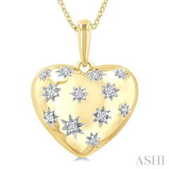 1/10 Ctw Bold Star Engraved Puffed Heart Round Cut Diamond Pendant With Chain in Yellow Gold Vermeil