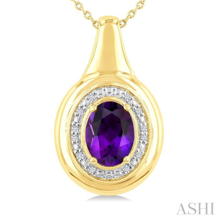 8X6 MM Oval Shape Amethyst and 1/20 Ctw Round Cut Diamond Semi-precious Pendant With Chain in Yellow Gold Vermeil