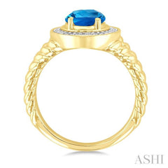 9X7 MM Oval Shape Blue Topaz and 1/20 Ctw Round Cut Diamond Semi-Precious Rings in Yellow Gold Vermeil