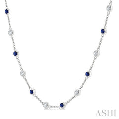 2.4 MM Round Shape Sapphire and 7/8 Ctw Round Cut Diamond Precious Station Necklace in 14K White Gold
