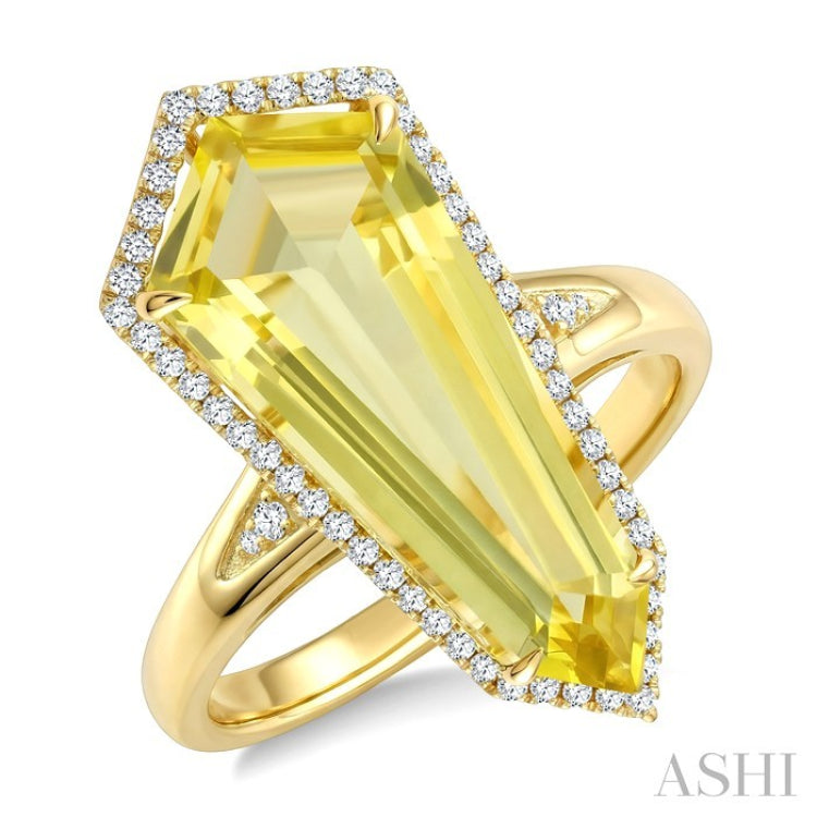 22X9 MM Evoque Gemstones Shield Shape Lemon Quartz and 1/4 Ctw Round Cut Diamond Semi-Precious Ring in 14K Yellow Gold