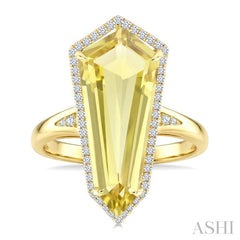22X9 MM Evoque Gemstones Shield Shape Lemon Quartz and 1/4 Ctw Round Cut Diamond Semi-Precious Ring in 14K Yellow Gold