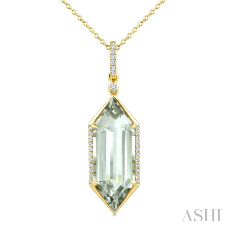 22X8 MM Evoque Gemstone Hexagon Shape Green Amethyst and 1/6 Ctw Round Cut Diamond Semi-Precious Pendant With Chain in 14K Yellow Gold
