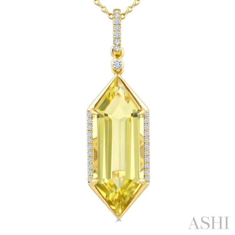 22X8 MM Evoque Gemstones Hexagon Shape Lemon Quartz and 1/6 Ctw Round Cut Diamond Semi-Precious Pendant With Chain in 14K Yellow Gold