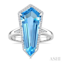 22X9 MM Evoque Gemstones Shield Shape Blue Topaz and 1/4 Ctw Round Cut Diamond Semi-Precious Ring in 14K White Gold