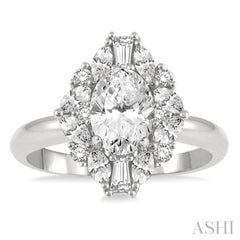 5/8 Ctw Oval Shape Oval, Baguette and Round Cut Diamond Semi-Mount Engagement Ring in 14K White Gold