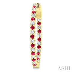 1.6 MM Round Shape Ruby and 1/2 Ctw Round Cut Diamond Inside & Outside Alternating Precious Hoop Earrings in 14K Yellow Gold