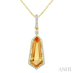 16X7 MM Evoque Gemstone Shield Shape Citrine and 1/5 Ctw Round Cut Diamond Semi-Precious Pendant With Chain in 10K Yellow Gold