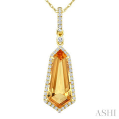 16X7 MM Evoque Gemstone Shield Shape Citrine and 1/5 Ctw Round Cut Diamond Semi-Precious Pendant With Chain in 10K Yellow Gold