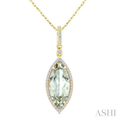 16X7 MM Evoque Gemstone Marquise Shape Green Amethyst and 1/5 Ctw Round Cut Diamond Semi-Precious Pendant With Chain in 10K Yellow Gold