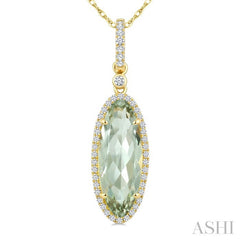 16X6 MM Evoque Gemstone Oval Shape Green Amethyst and 1/5 Ctw Round Cut Diamond Semi-Precious Pendant With Chain in 10K Yellow Gold
