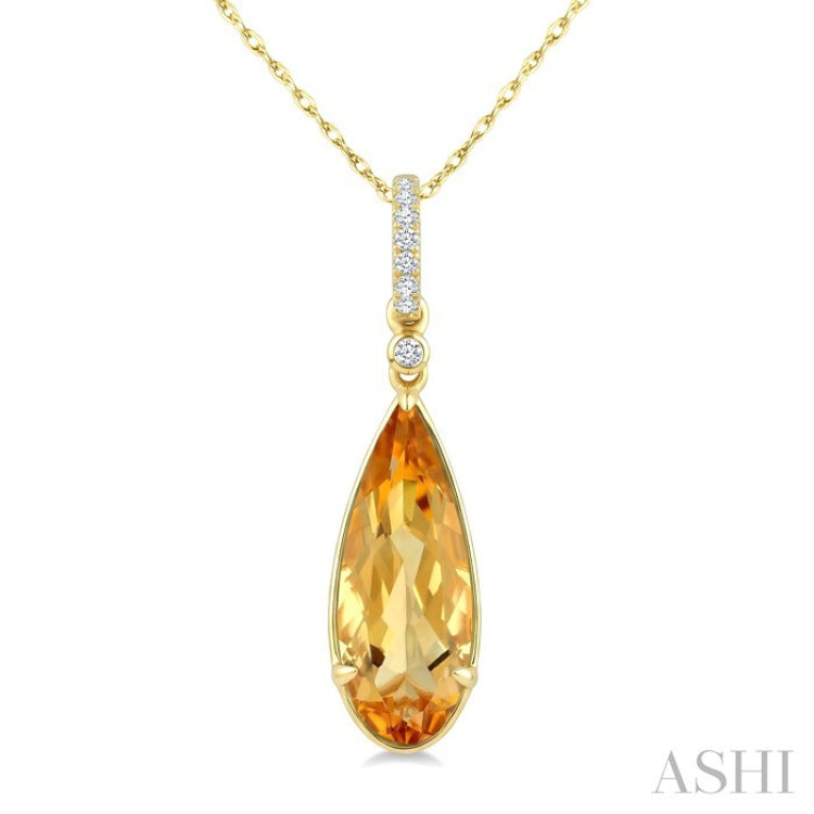 16X6 MM Evoque Gemstone Pear Shape Citrine and 1/20 Ctw Round Cut Diamond Semi-Precious Pendant With Chain in 10K Yellow Gold