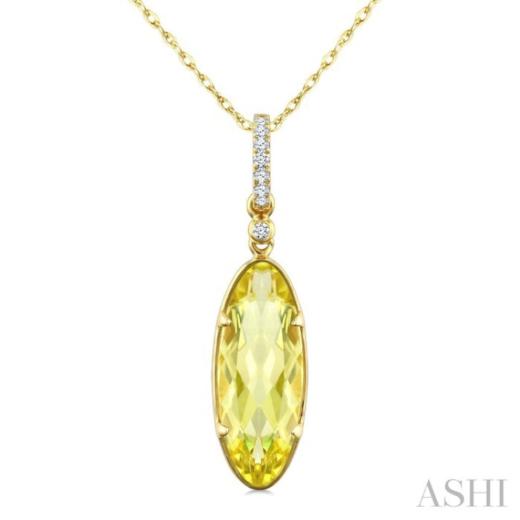 16X6 MM Evoque Gemstones Oval Shape Lemon Quartz and 1/20 Ctw Round Cut Diamond Semi-Precious Pendant With Chain in 10K Yellow Gold
