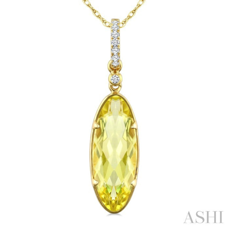 16X6 MM Evoque Gemstones Oval Shape Lemon Quartz and 1/20 Ctw Round Cut Diamond Semi-Precious Pendant With Chain in 10K Yellow Gold