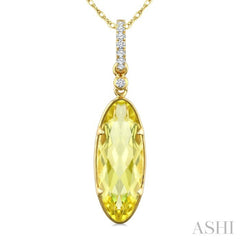 16X6 MM Evoque Gemstones Oval Shape Lemon Quartz and 1/20 Ctw Round Cut Diamond Semi-Precious Pendant With Chain in 10K Yellow Gold