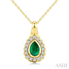 6X4 MM Pear Shape Emerald and 1/6 Ctw Round Cut Diamond Bold Precious Pendant With Chain in 10K Yellow Gold