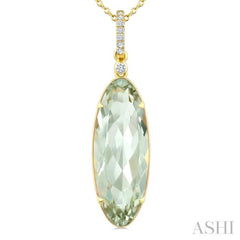 22X8 MM Evoque Gemstone Oval Shape Green Amethyst and 1/20 Ctw Round Cut Diamond Semi-Precious Pendant With Chain in 14K Yellow Gold
