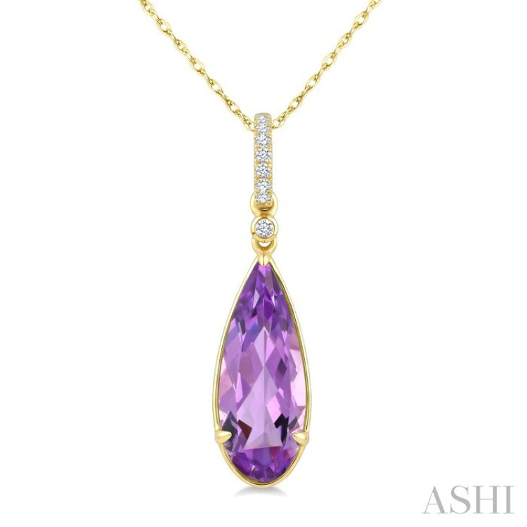 16X6 MM Evoque Gemstones Pear Shape Amethyst and 1/20 Ctw Round Cut Diamond Semi-Precious Pendant With Chain in 10K Yellow Gold