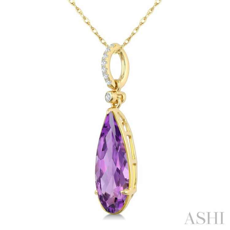 16X6 MM Evoque Gemstones Pear Shape Amethyst and 1/20 Ctw Round Cut Diamond Semi-Precious Pendant With Chain in 10K Yellow Gold