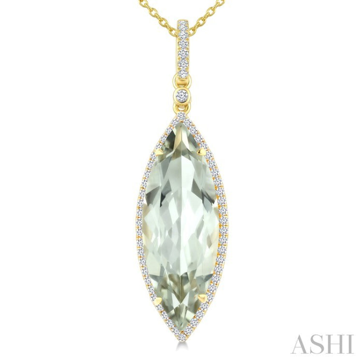 22X8 MM Evoque Gemstone Marquise Shape Green Amethyst and 1/4 Ctw Round Cut Diamond Semi-Precious Pendant With Chain in 14K Yellow Gold