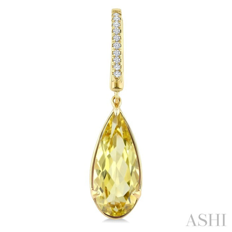 14X6 MM Evoque Gemstones Pear Shape Lemon Quartz and 1/10 Ctw Round Cut Diamond Semi-Precious Earrings in 14K Yellow Gold