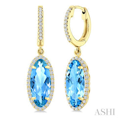 12X5 MM Evoque Gemstones Oval Shape Blue Topaz and 1/3 Ctw Round Cut Diamond Semi-Precious Earrings in 10K Yellow Gold