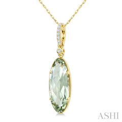 16X6 MM Evoque Gemstone Oval Shape Green Amethyst and 1/20 Ctw Round Cut Diamond Semi-Precious Pendant With Chain in 10K Yellow Gold