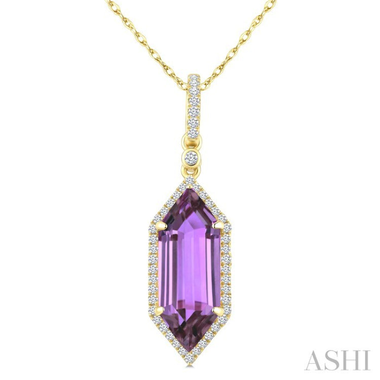 16X6 MM Evoque Gemstones Hexagon Shape Amethyst and 1/5 Ctw Round Cut Diamond Semi-Precious Pendant With Chain in 10K Yellow Gold