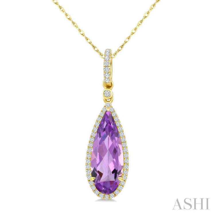 16X6 MM Evoque Gemstones Pear Shape Amethyst and 1/5 Ctw Round Cut Diamond Semi-Precious Pendant With Chain in 10K Yellow Gold