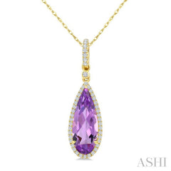 16X6 MM Evoque Gemstones Pear Shape Amethyst and 1/5 Ctw Round Cut Diamond Semi-Precious Pendant With Chain in 10K Yellow Gold