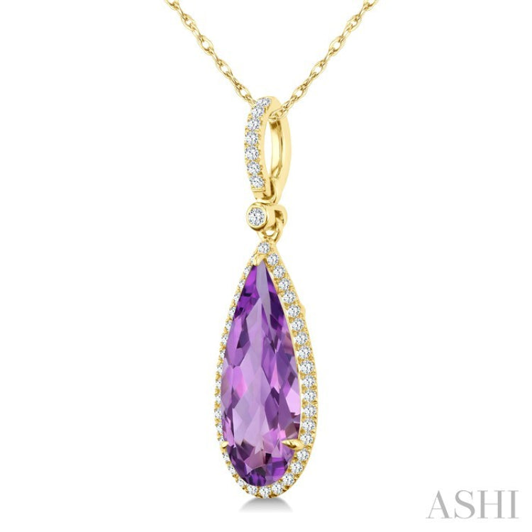 16X6 MM Evoque Gemstones Pear Shape Amethyst and 1/5 Ctw Round Cut Diamond Semi-Precious Pendant With Chain in 10K Yellow Gold