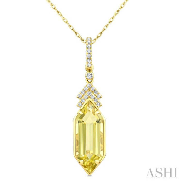 16X6 MM Evoque Gemstones Hexagon Shape Lemon Quartz and 1/10 Ctw Round Cut Diamond Semi-Precious Pendant With Chain in 10K Yellow Gold