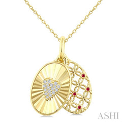 1 MM Round Cut Ruby and 1/10 Ctw Round Cut Diamond  Fluted Heart Shaped Precious Pendant with Chain in 10K Yellow Gold