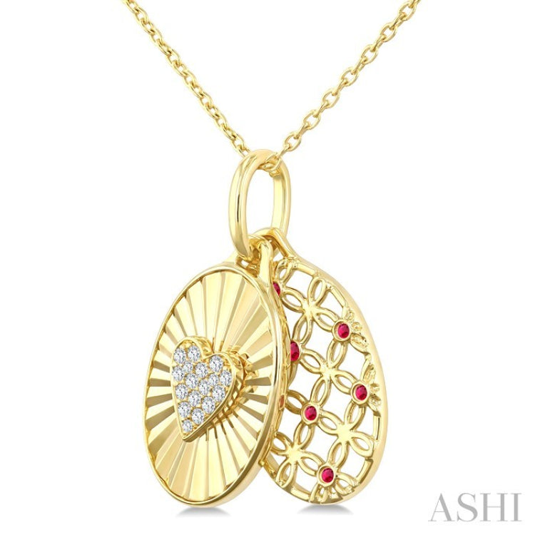 1 MM Round Cut Ruby and 1/10 Ctw Round Cut Diamond  Fluted Heart Shaped Precious Pendant with Chain in 10K Yellow Gold