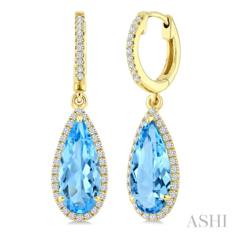 12X5 MM Evoque Gemstones Pear Shape Blue Topaz and 1/3 Ctw Round Cut Diamond Semi-Precious Earrings in 10K Yellow Gold