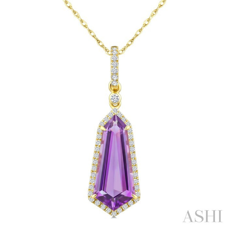 16X7 MM Evoque Gemstones Shield Shape Amethyst and 1/5 Ctw Round Cut Diamond Semi-Precious Pendant With Chain in 10K Yellow Gold
