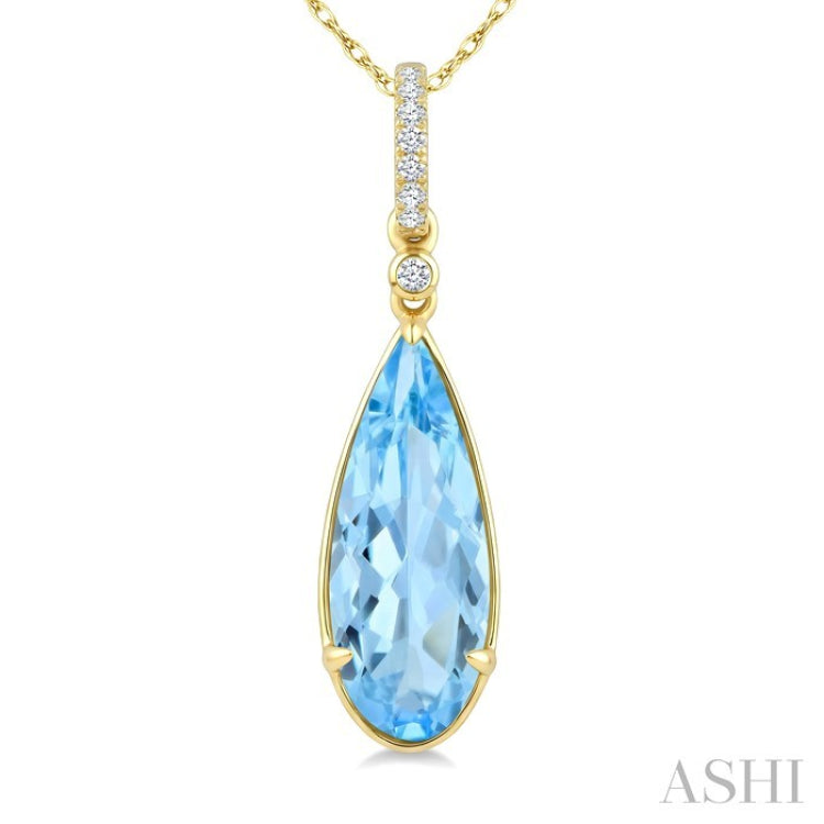 16X6 MM Evoque Gemstones Pear Shape Blue Topaz and 1/20 Ctw Round Cut Diamond Semi-Precious Pendant With Chain in 10K Yellow Gold
