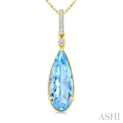 16X6 MM Evoque Gemstones Pear Shape Blue Topaz and 1/20 Ctw Round Cut Diamond Semi-Precious Pendant With Chain in 10K Yellow Gold