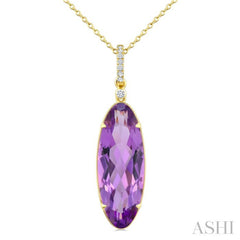 22X8 MM Evoque Gemstones Oval Shape Amethyst and 1/20 Ctw Round Cut Diamond Semi-Precious Pendant With Chain in 14K Yellow Gold