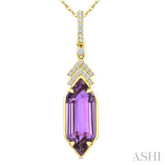 16X6 MM Evoque Gemstones Hexagon Shape Amethyst and 1/10 Ctw Round Cut Diamond Semi-Precious Pendant With Chain in 10K Yellow Gold