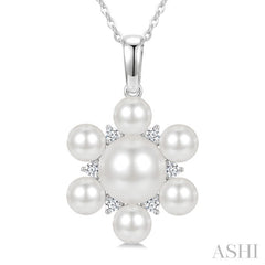 4MM & 7MM White Cultured Pearl and 1/10 Ctw Floral Round Cut Diamond Fashion Pendant With Chain in 10K White Gold