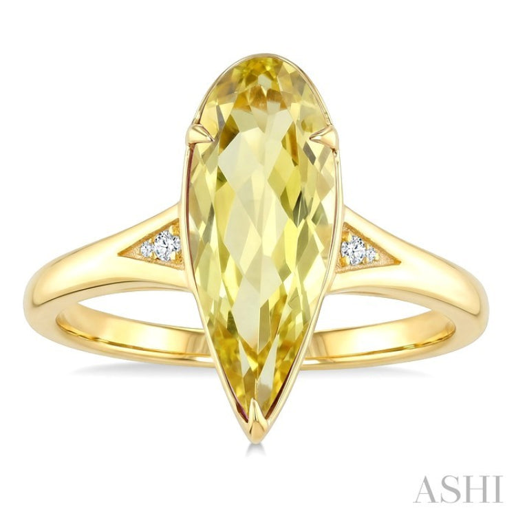 16X6 MM Evoque Gemstones Pear Shape Lemon Quartz and 1/50 Ctw Round Cut Diamond Semi-Precious Ring in 10K Yellow Gold