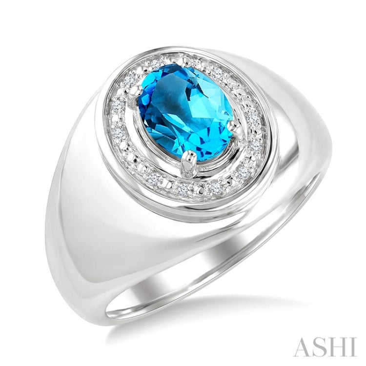8X6 MM Oval Shape Blue Topaz and 1/20 Ctw Round Cut Diamond Semi-Precious Ring in Sterling Silver